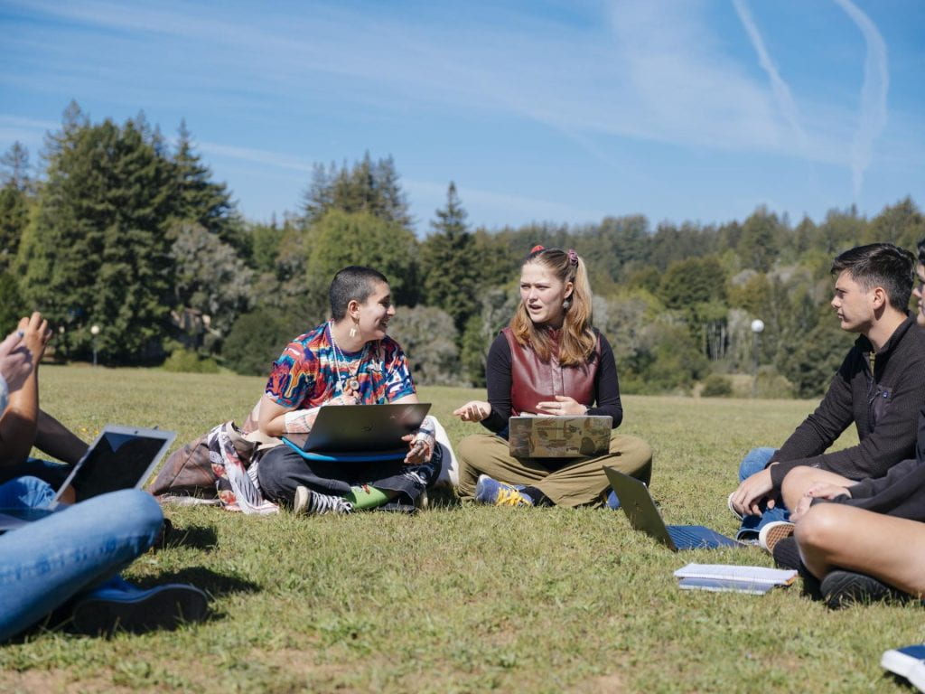 Students with laptops are having class in a field.